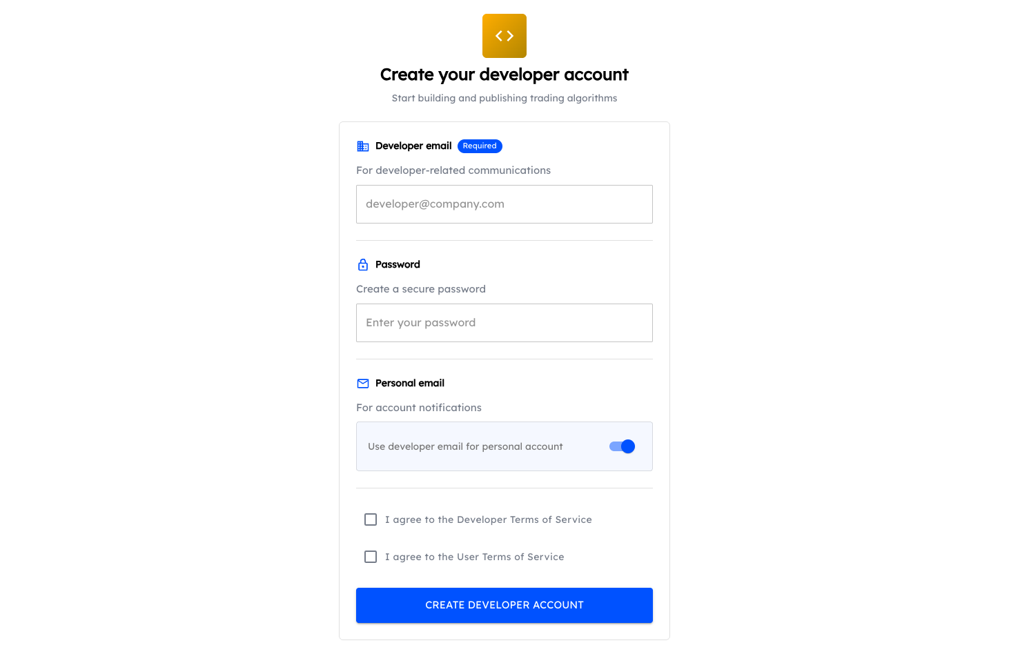 Developer account registration form