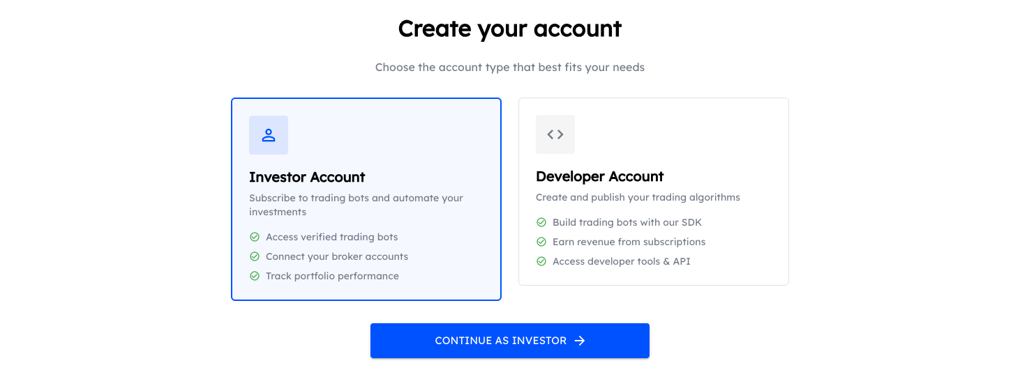 Choose Developer Account on the Finterion registration page